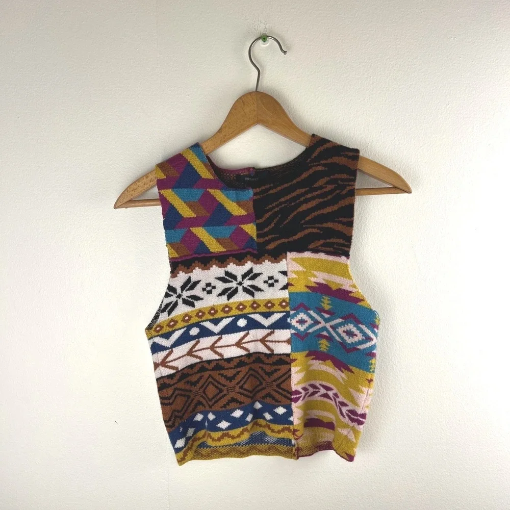 Patchwork‎ Sweater Vest Tank Junior Sz Med Crop Colorful Maximalist Knit Fun